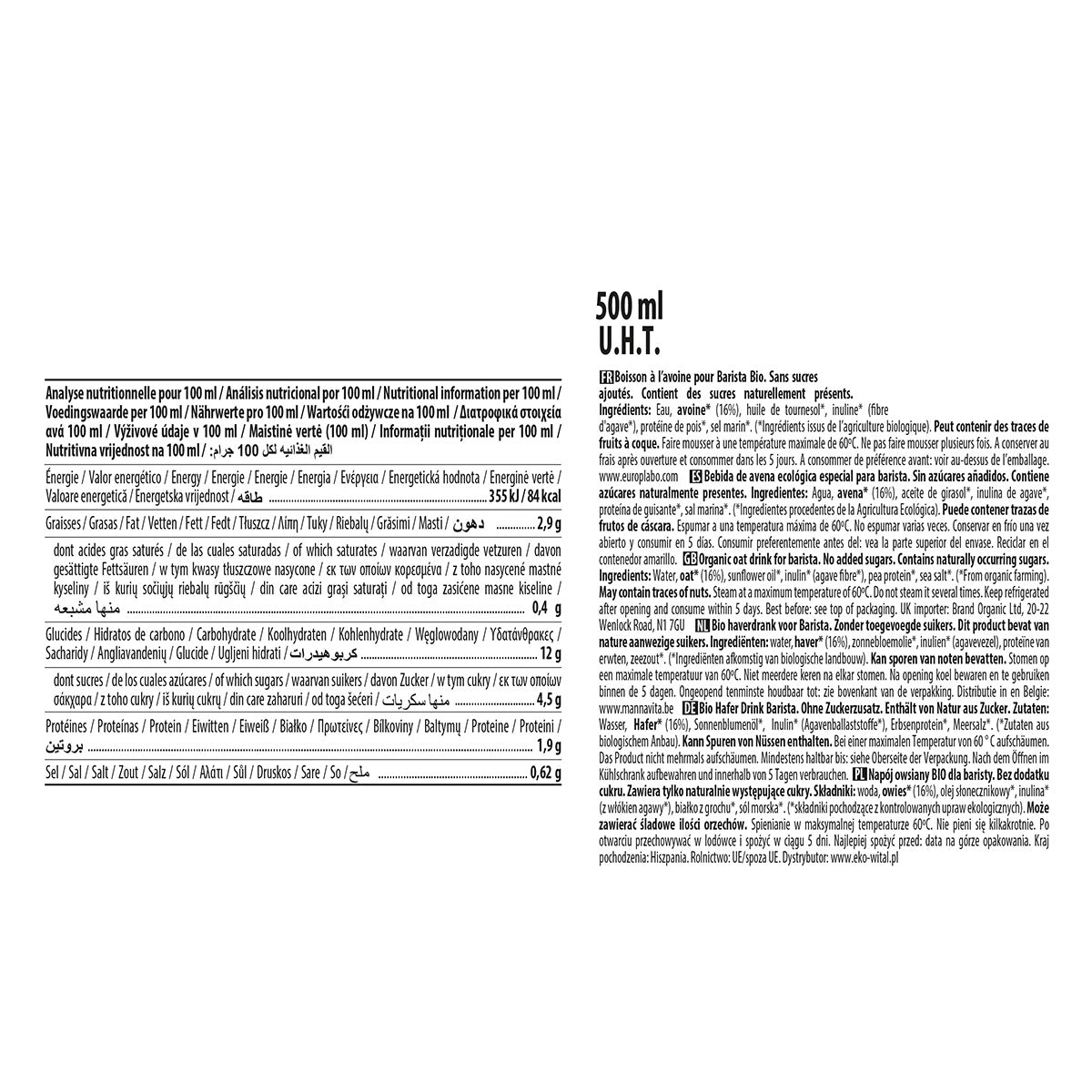 Bio-Haferdrink Barista ohne Zucker ECOMIL 500 ml