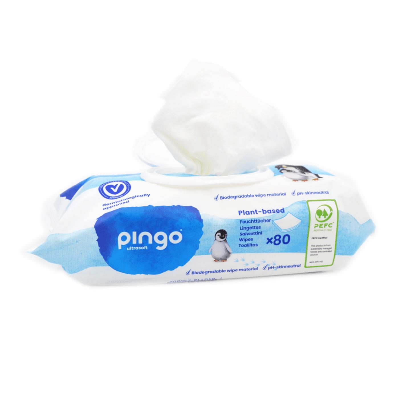 Lot de 12 paquets de lingettes humides 100 % biodégradables Pingo 80 unités