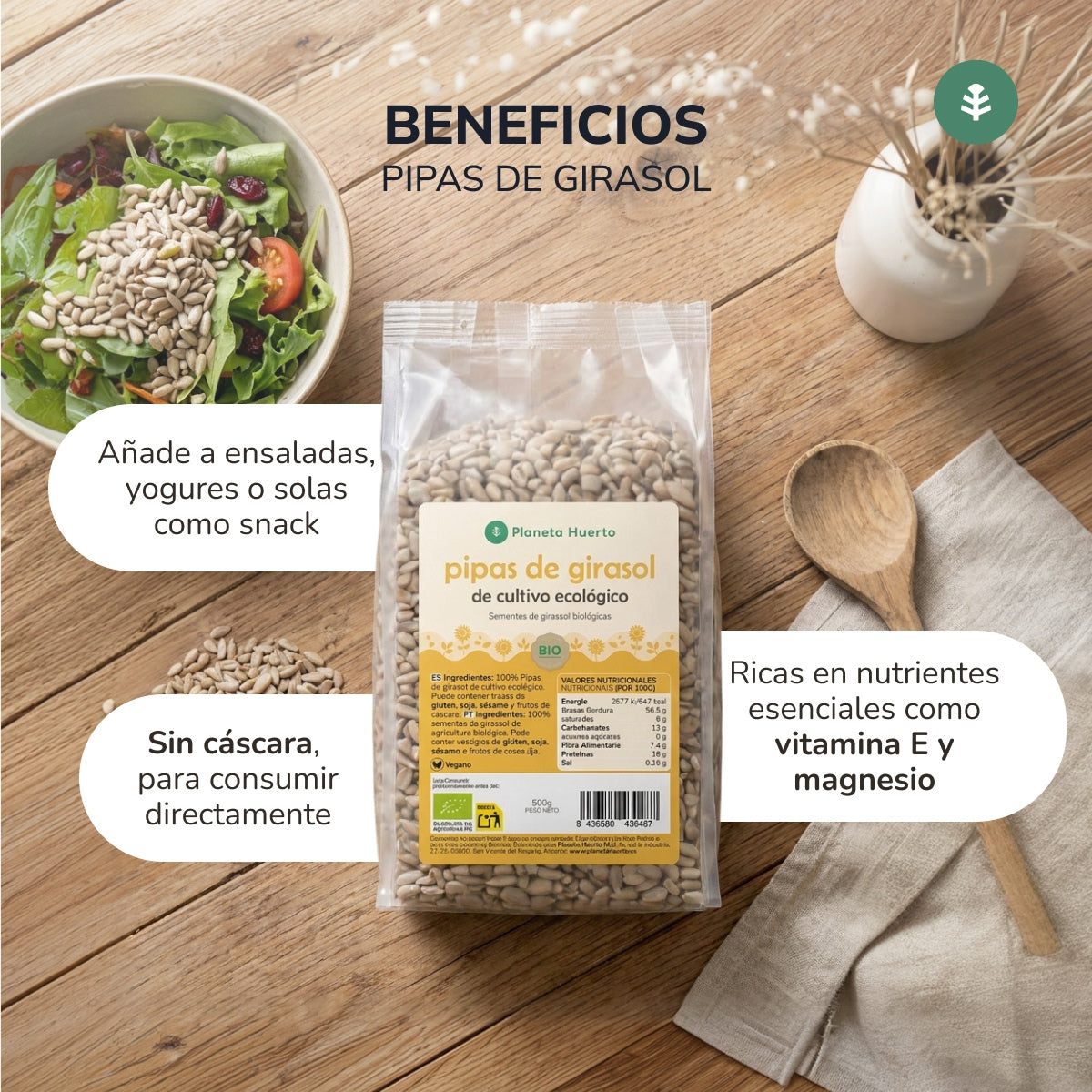 Packung 2x geschälte Sonnenblumenkerne ECO Planeta Huerto 500 g