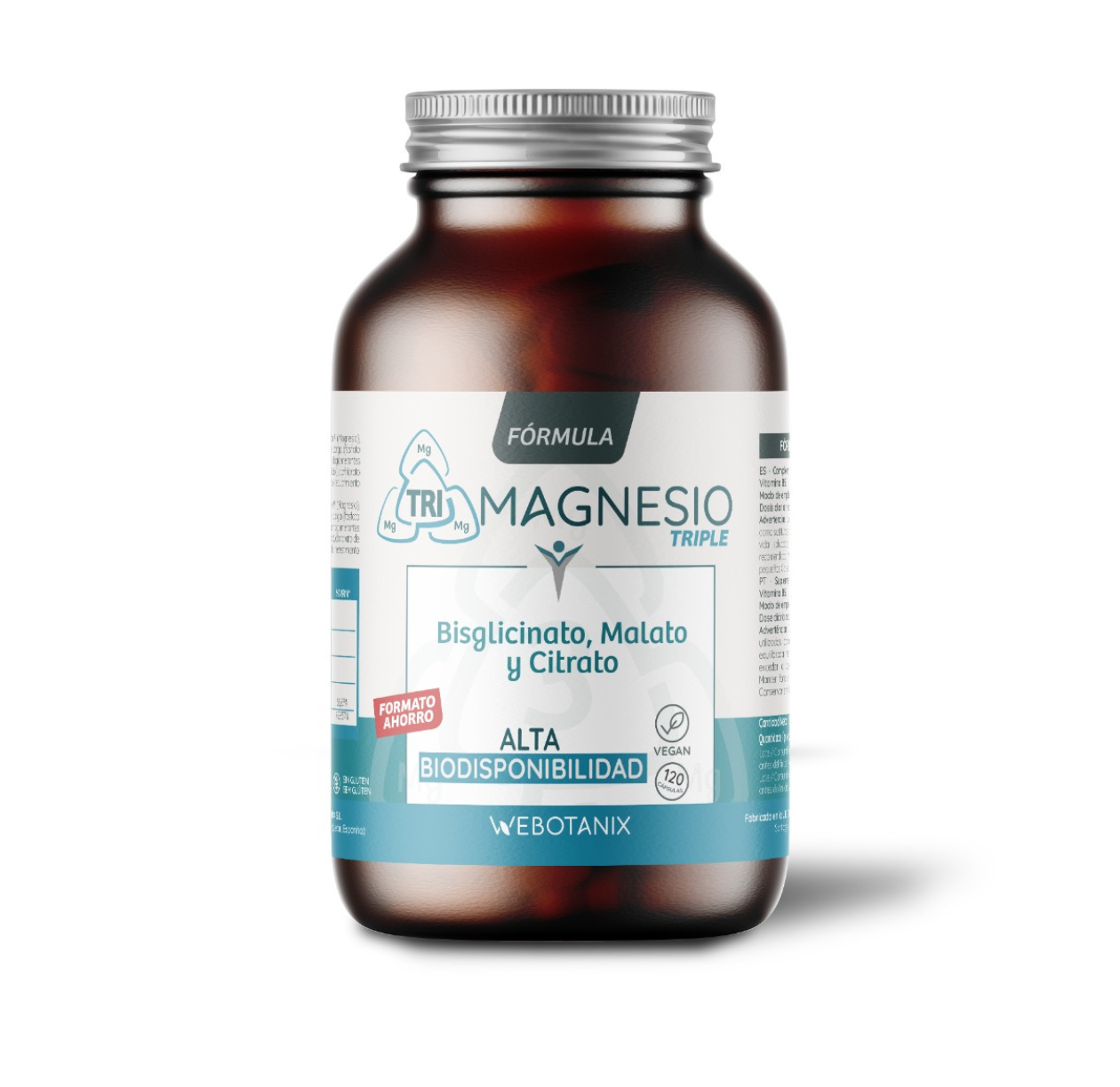 Triple magnésium (bisglycinate, malate et citrate) formule végétalienne, WeBotanix, 120 gélules