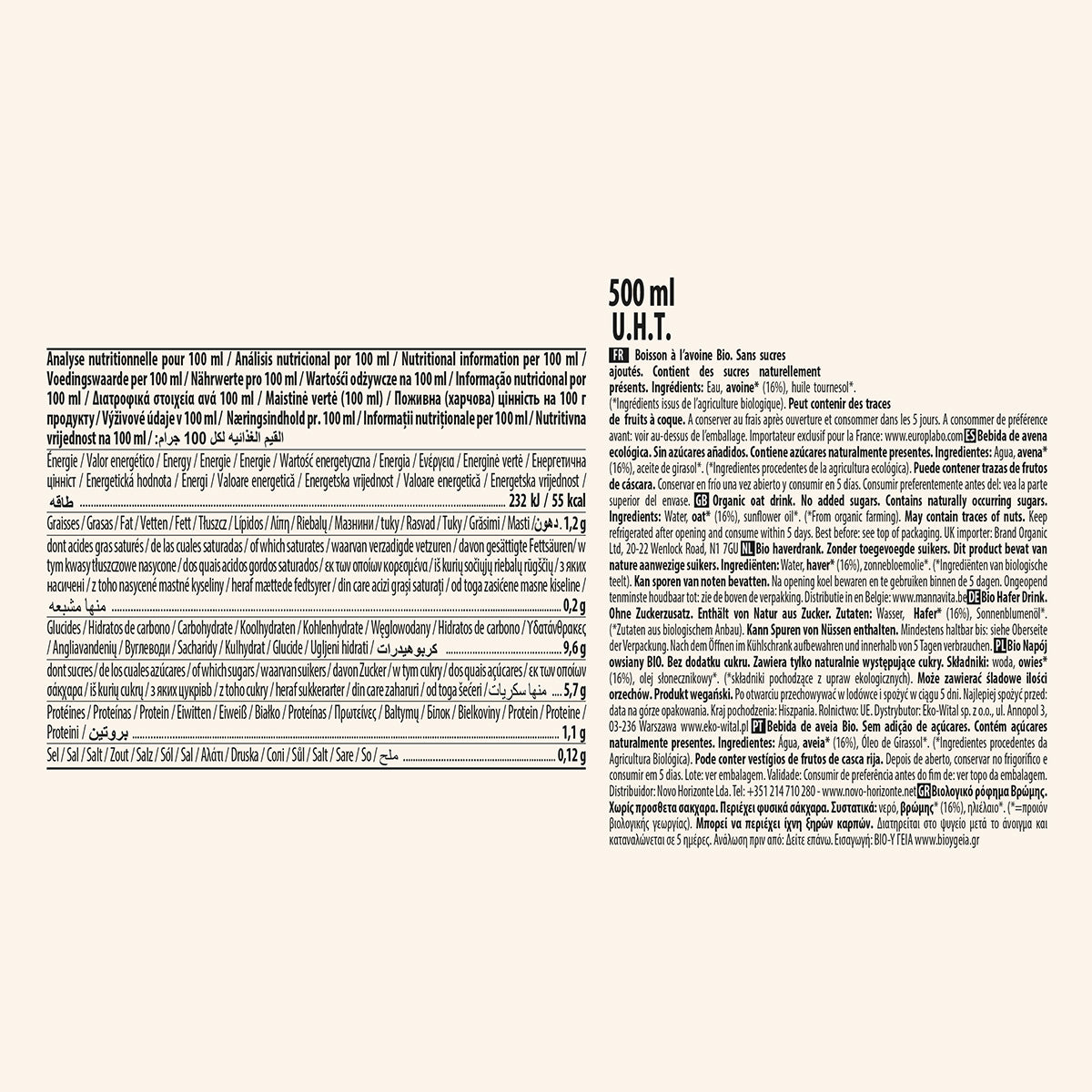 Napój roślinny z owsa bez cukru ECOMIL 500 ml