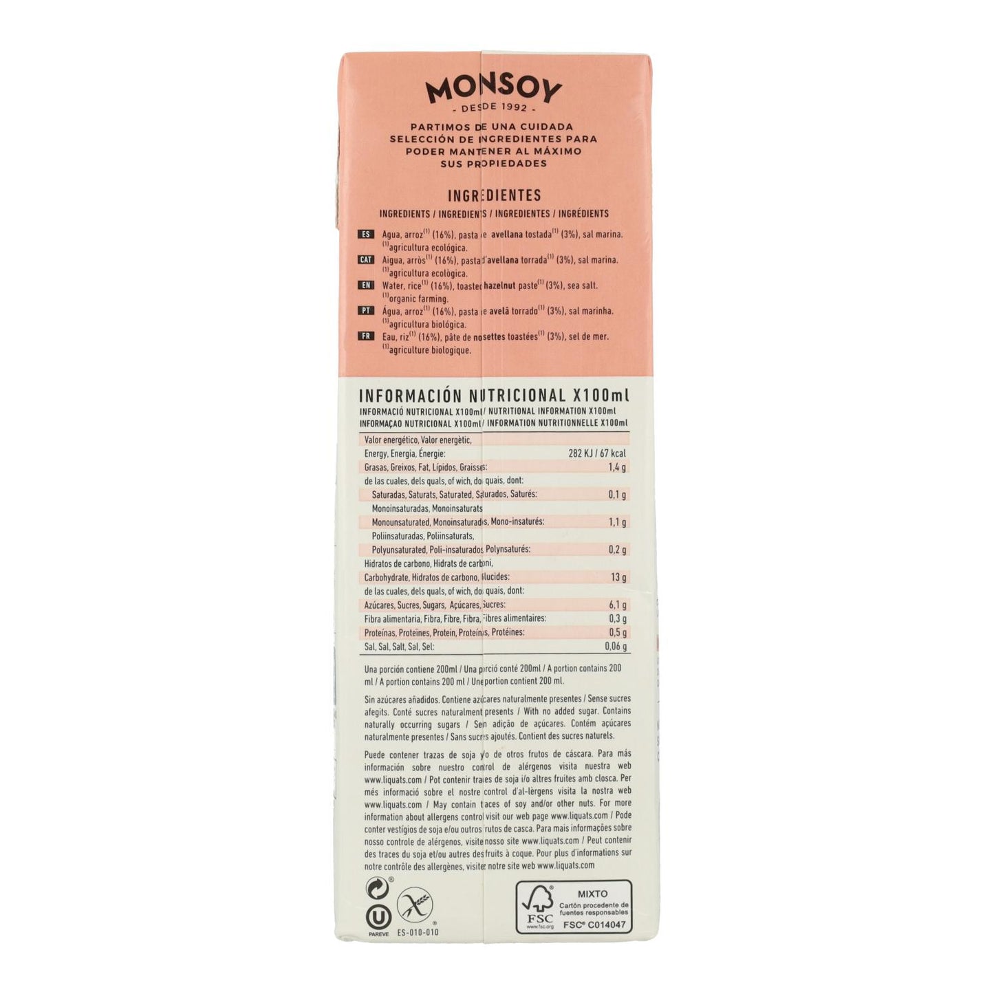 Monsoy Organic Rice and Hazelnut Drink 1 L