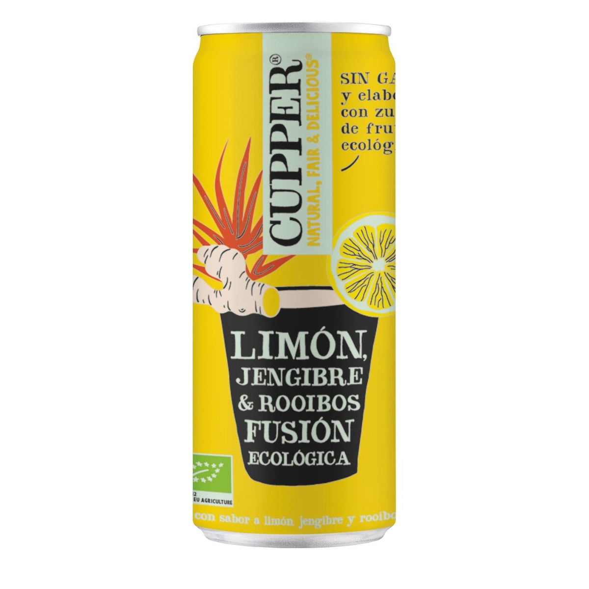 Förpackning med 12 stycken Cupper-läsk med ingefära, citron och rooibos, 250 ml
