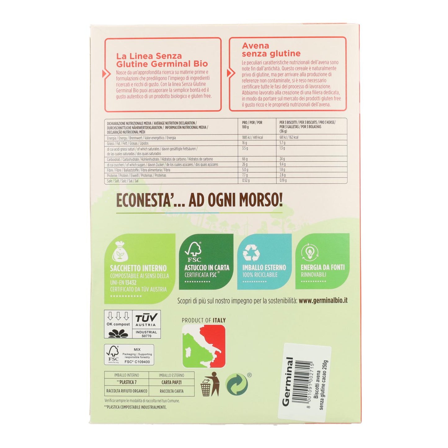 Glutenfreie Haferkekse mit Kakao Germinal Bio 250 g