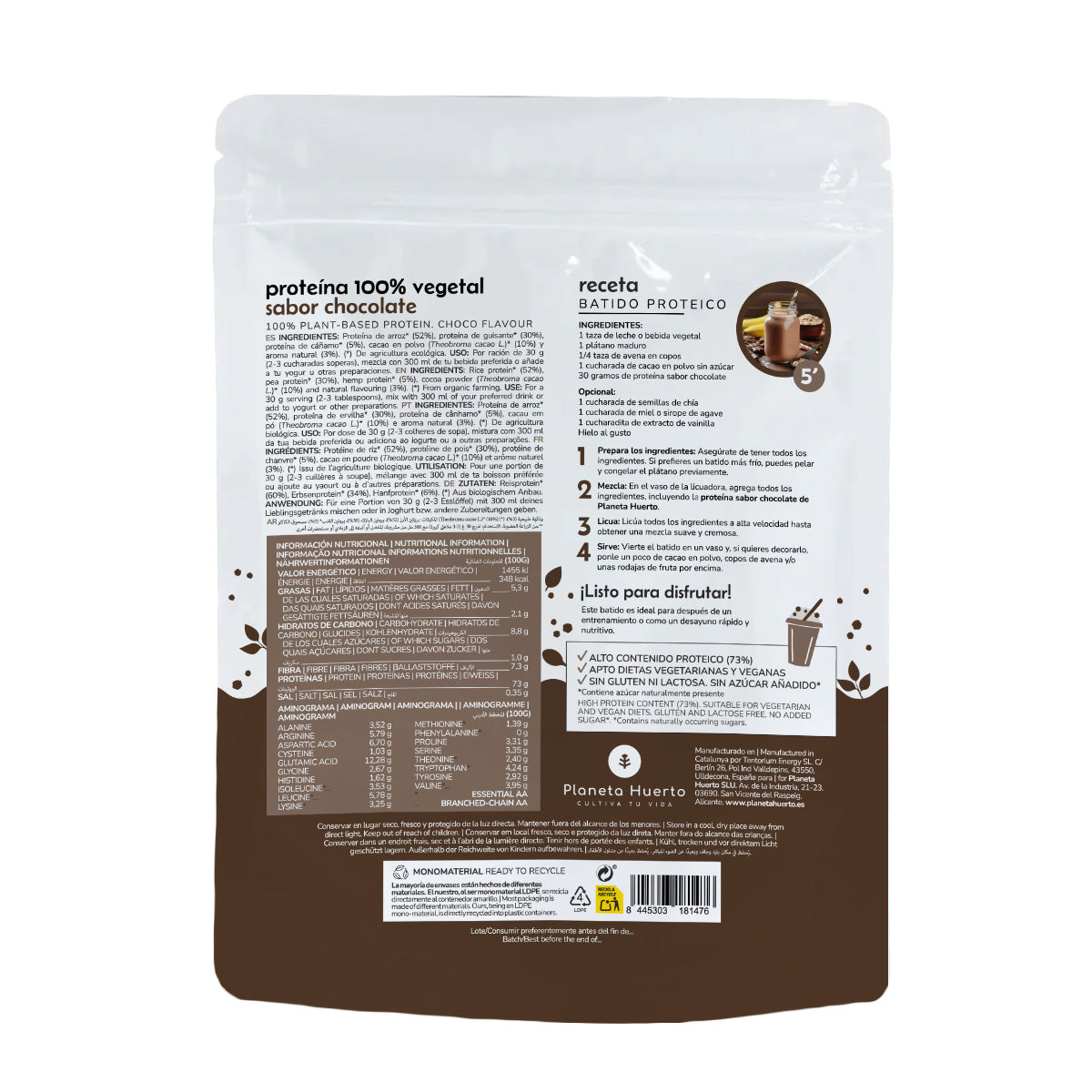 Białko roślinne ECO 73% czekolada Planeta Huerto 500 g