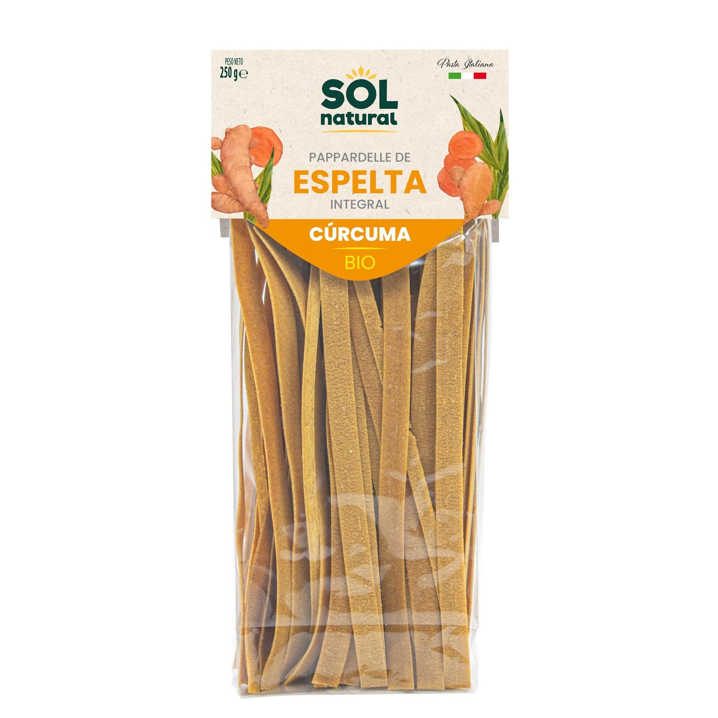 Pâtes Parpadelle complètes à l'épeautre et au curcuma bio Sol Natural 250 g
