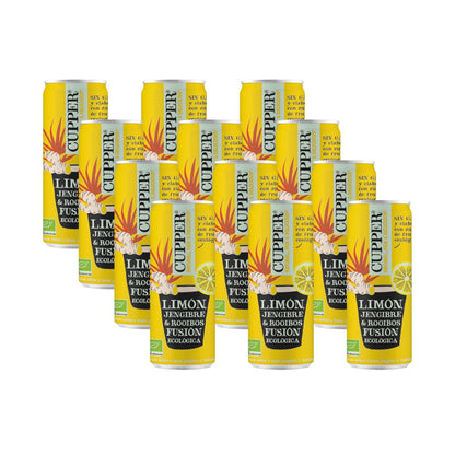 Förpackning med 12 stycken Cupper-läsk med ingefära, citron och rooibos, 250 ml