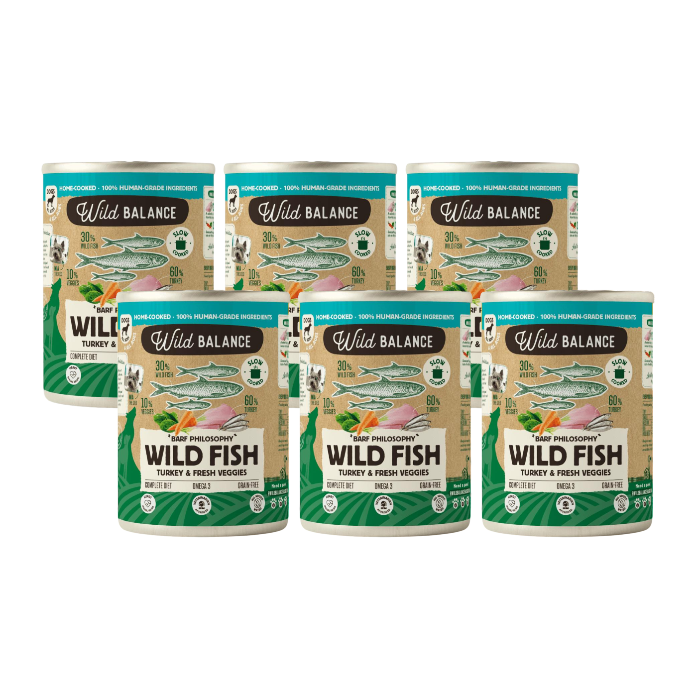 Pack de boîtes de poisson et de dinde BARF pour chiens 6 x 400 g Wild Balance