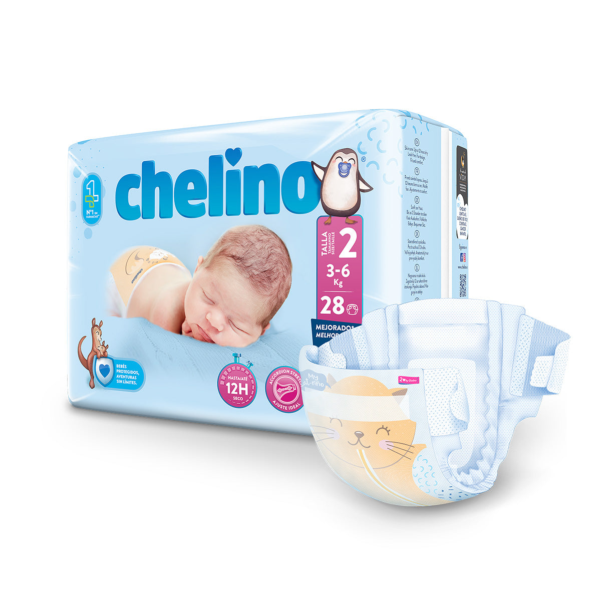 Zestaw 6 x pieluchy T2 dla noworodków (3-6 kg) 28 szt., Chelino