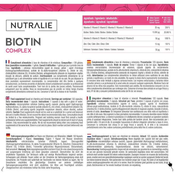 Nutralie Biotin-Komplex 10000 mcg für Haare, Haut und Nägel, 120 Kapseln