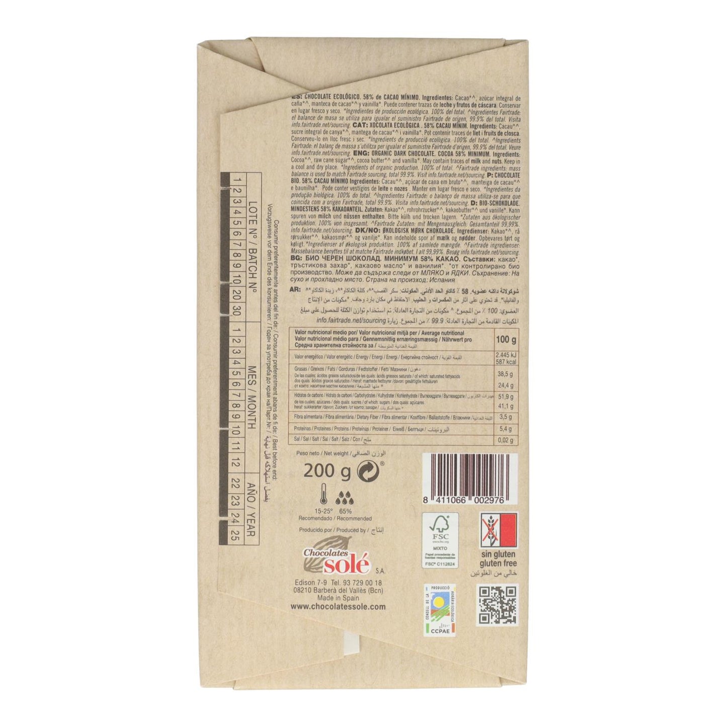 Czekolada ekologiczna do deserów Solé 200 g