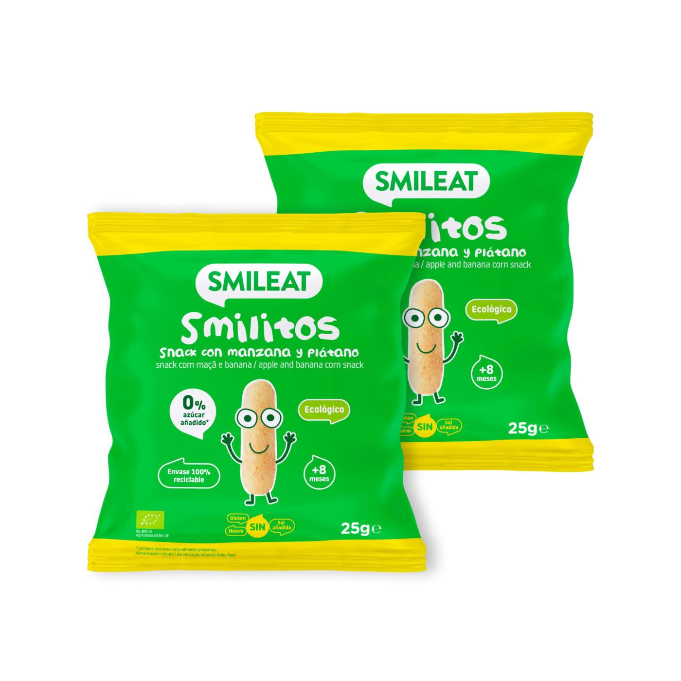Confezione da 2 Smilitos, vermi di mela e banana 25 g snack Smileat
