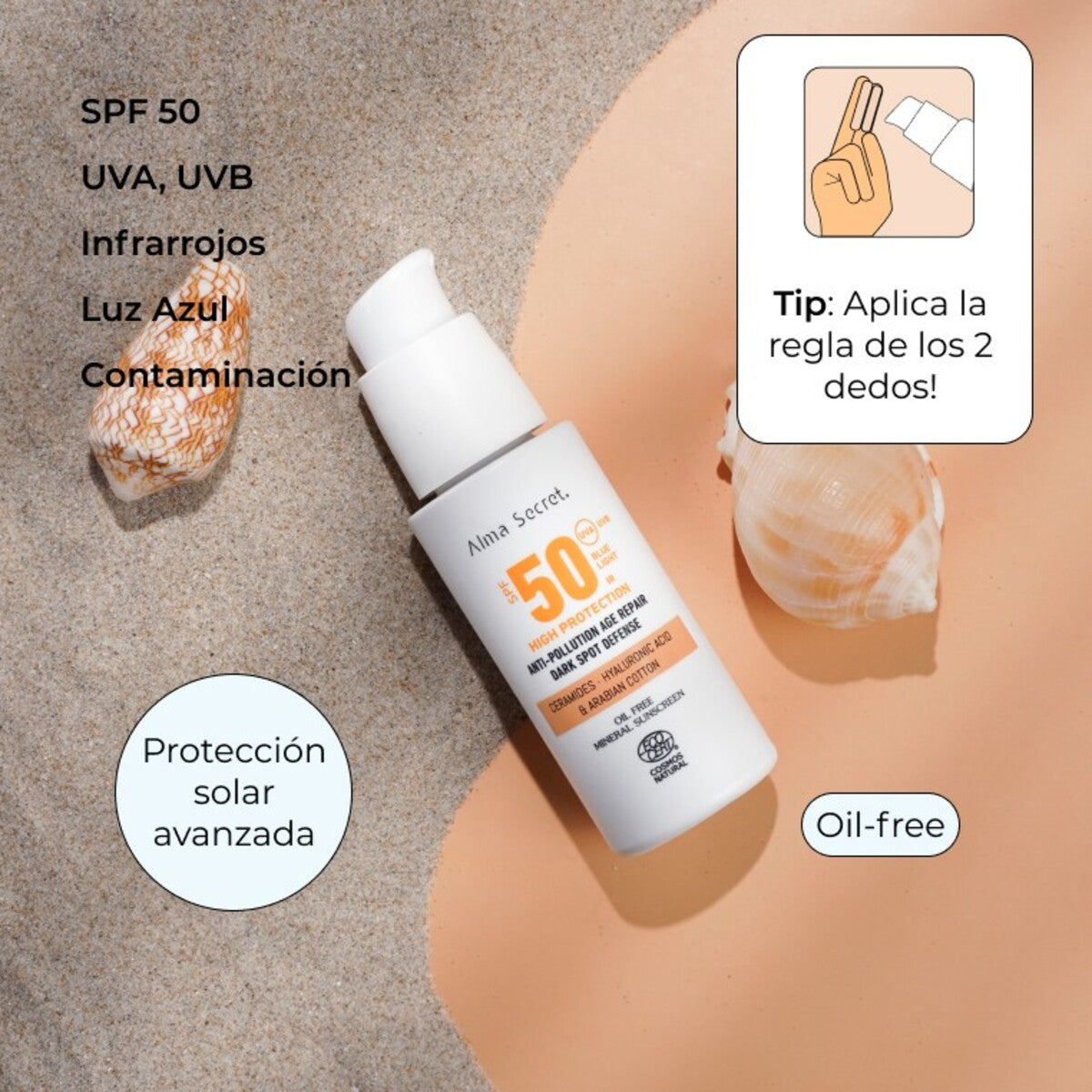Golden SPF 50 Facial Sunscreen with Ceramides, Anti-Blemish and Oil-Free, Alma Secret, 50 ml