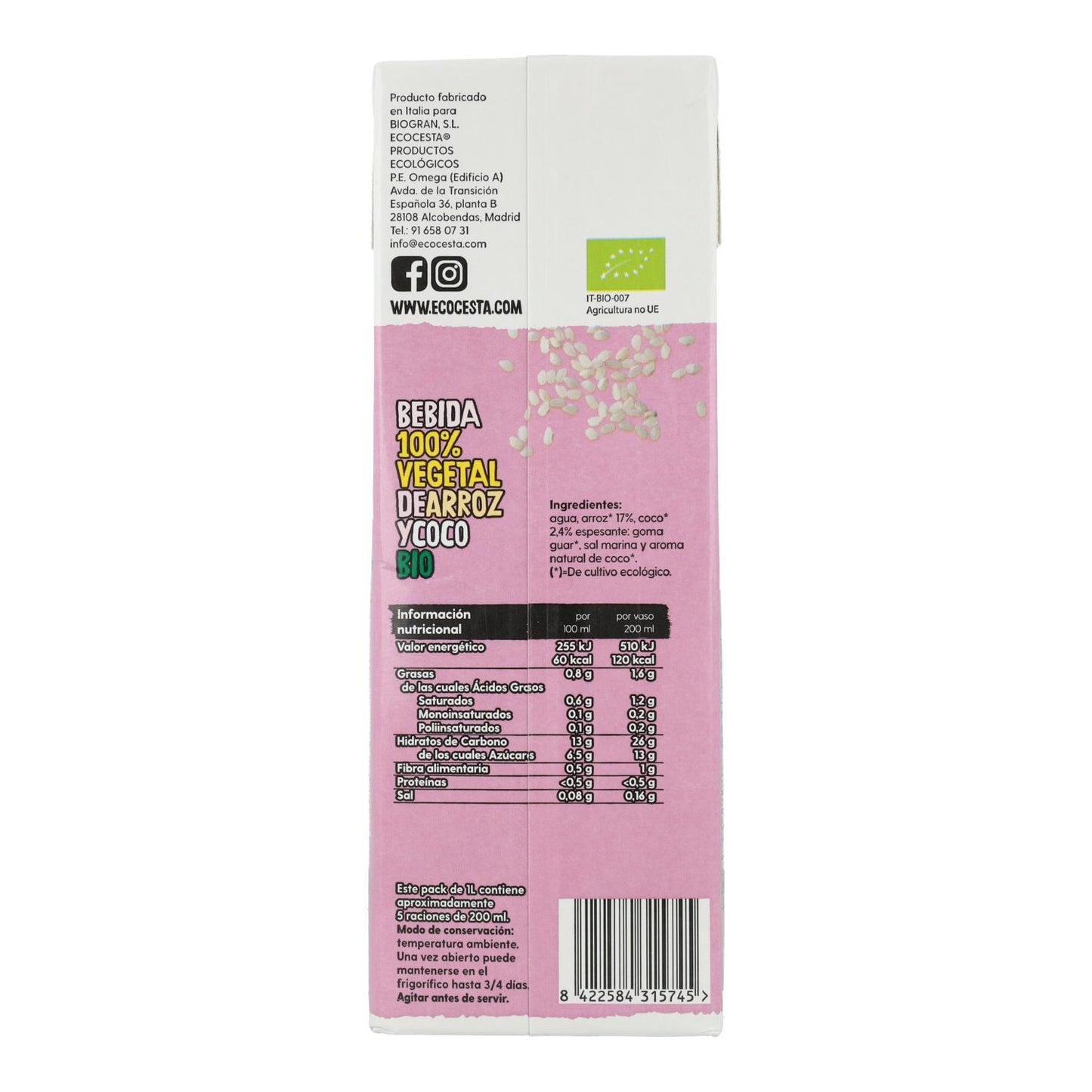 Organic Rice and Coconut Drink with no added sugar, 1L Ecocesta