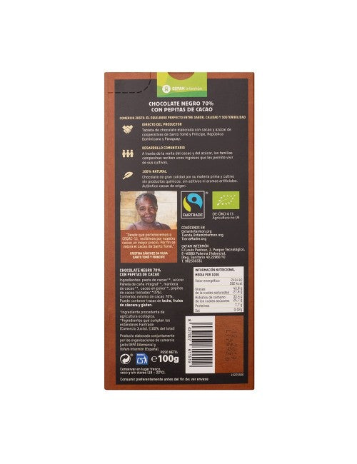 70% Dark Chocolate Bar with Cocoa Nibs Bio Tierra Madre 100 g