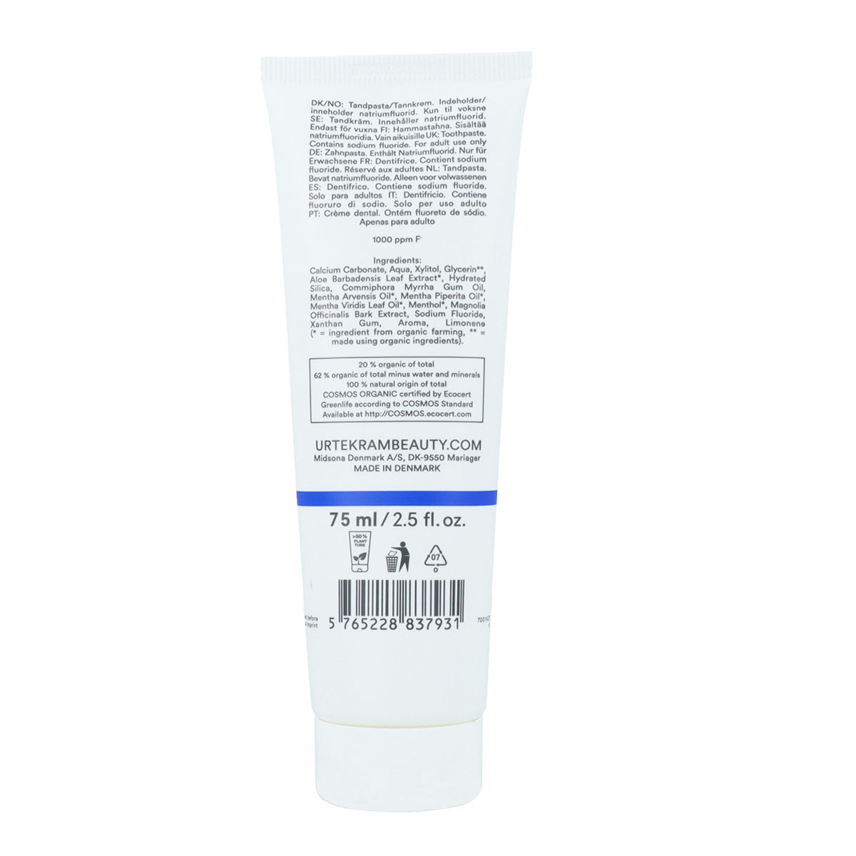 Dentifrice à la menthe avec fluor organique Urtekram 75 ml