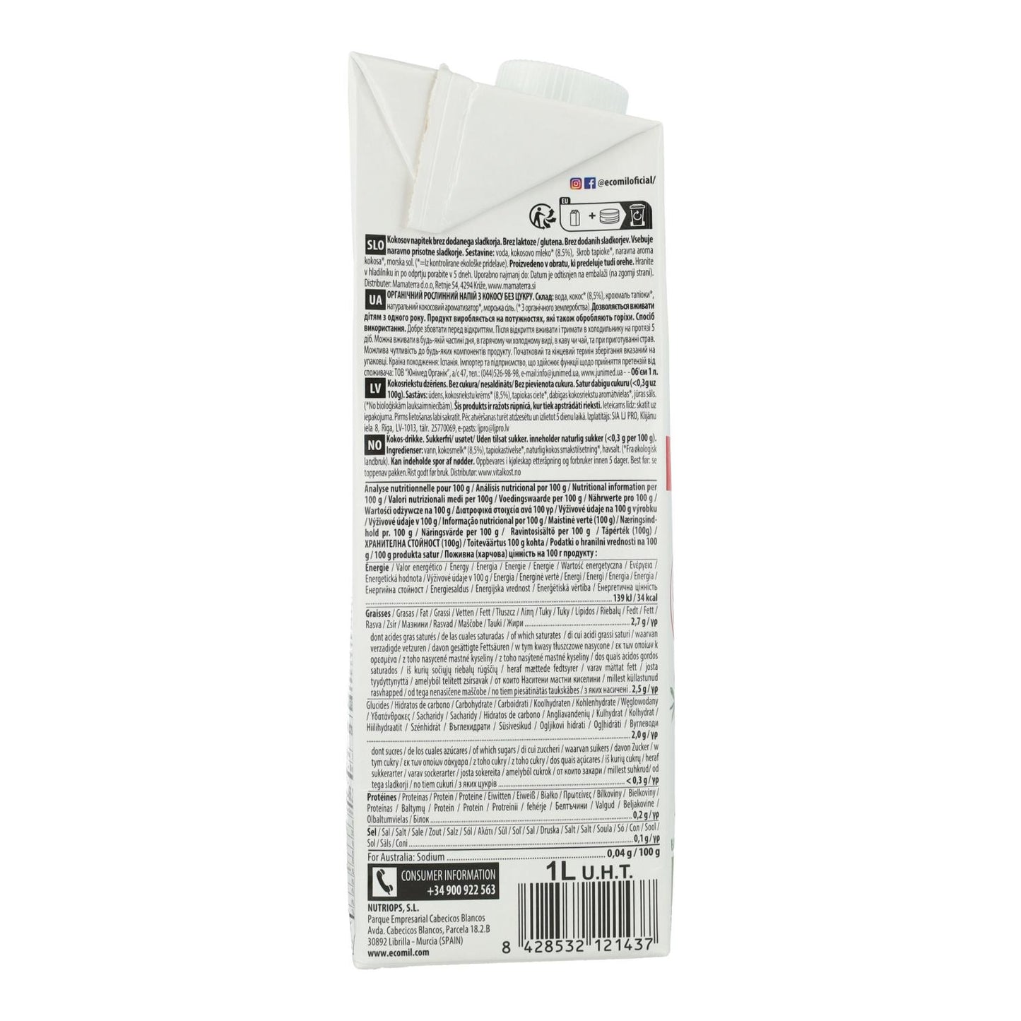 Ecomil Sugar-Free, Gluten-Free and Lactose-Free Coconut Drink 1L