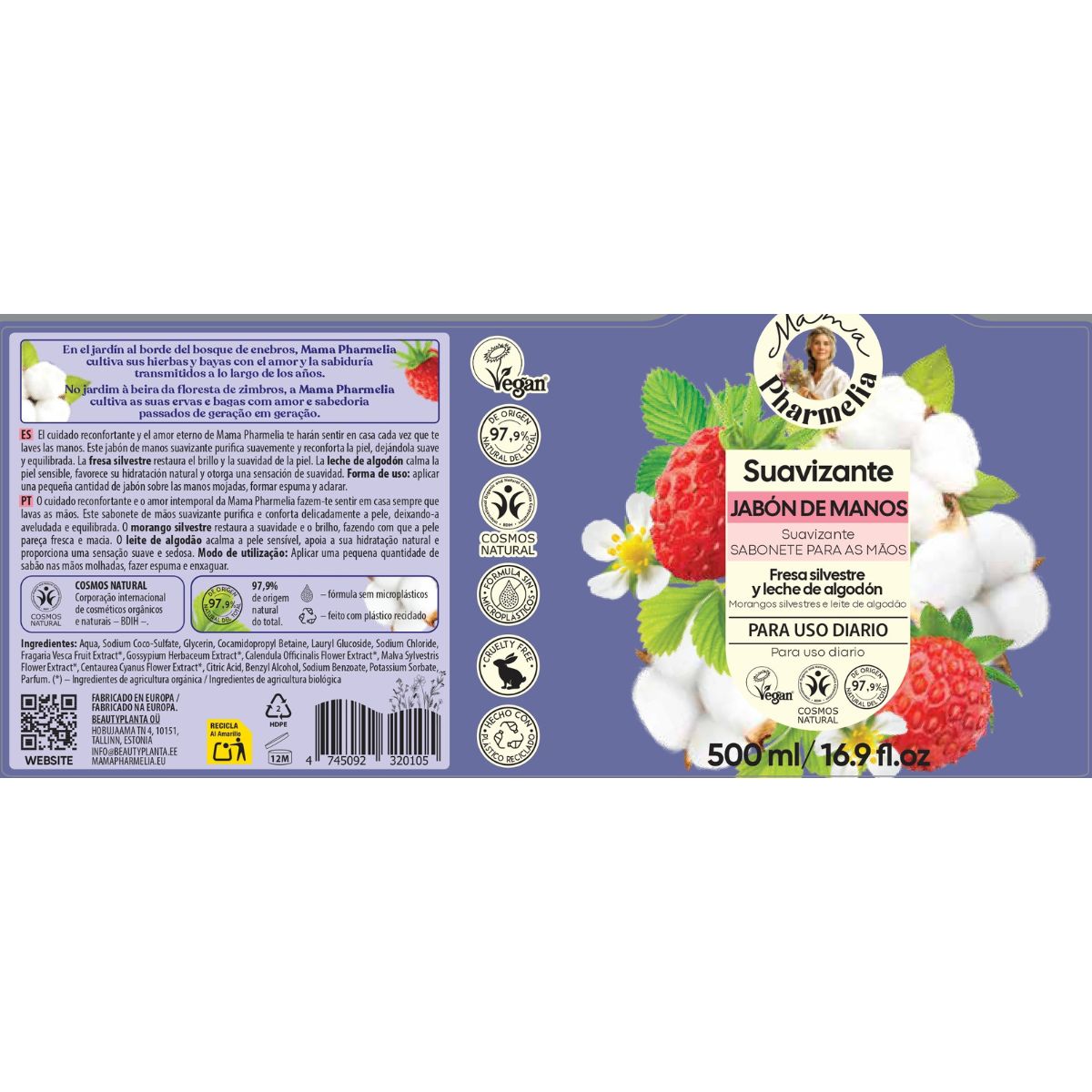 Softening Hand Soap with Wild Strawberry and Cotton Milk, Mama Pharmelia, 500 ml