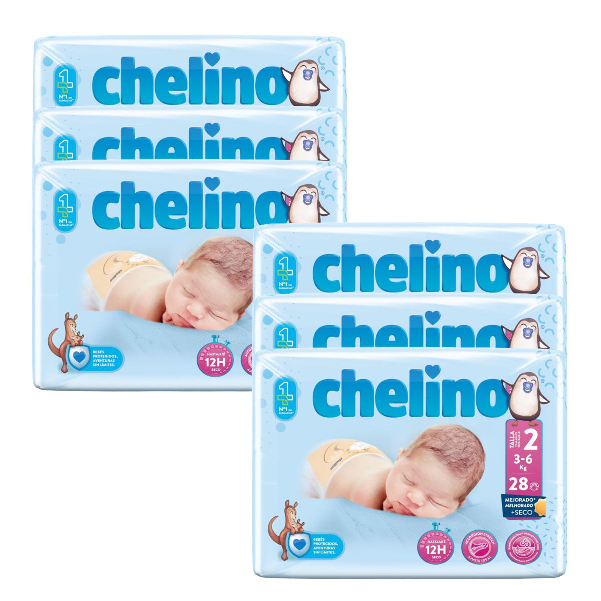 Pack of 6 x Newborn Nappies T2 (3-6 kg) 28 units, Chelino