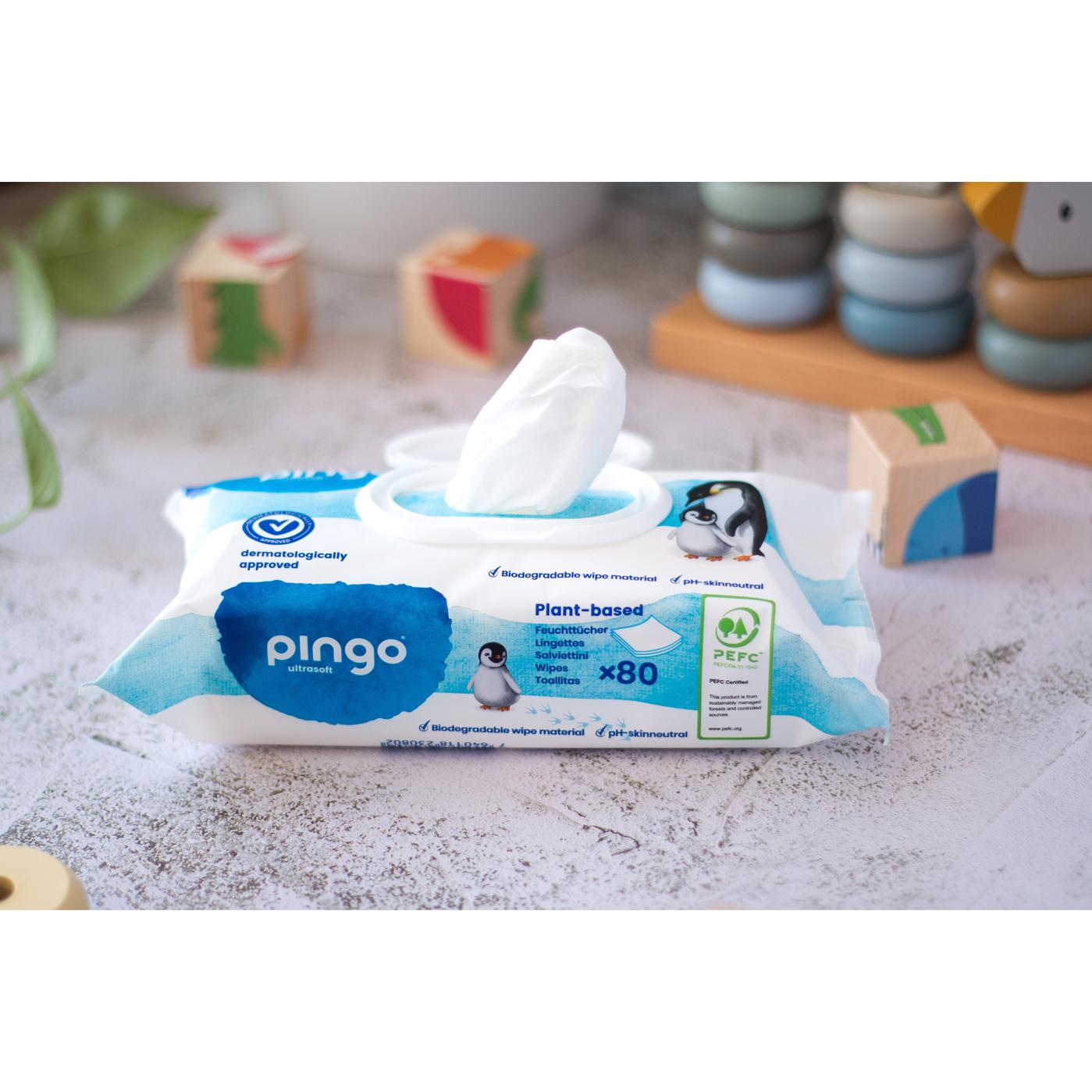 Lot de 12 paquets de lingettes humides 100 % biodégradables Pingo 80 unités