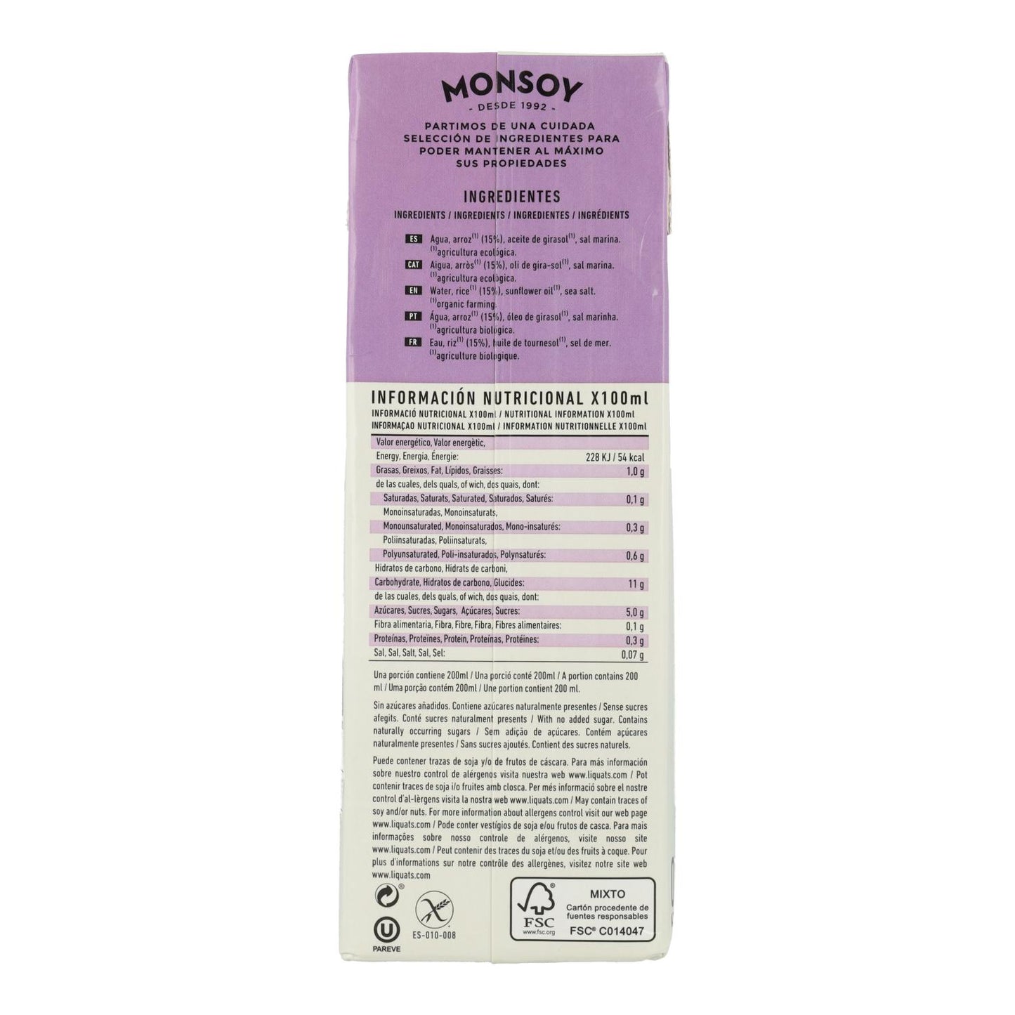 Pack of 6 Monsoy Organic Rice Drink 1L