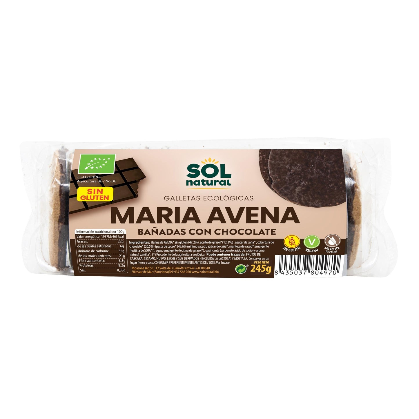 Biscotti Maria all'avena senza glutine ricoperti di cioccolato biologico Sol Natural 200 g