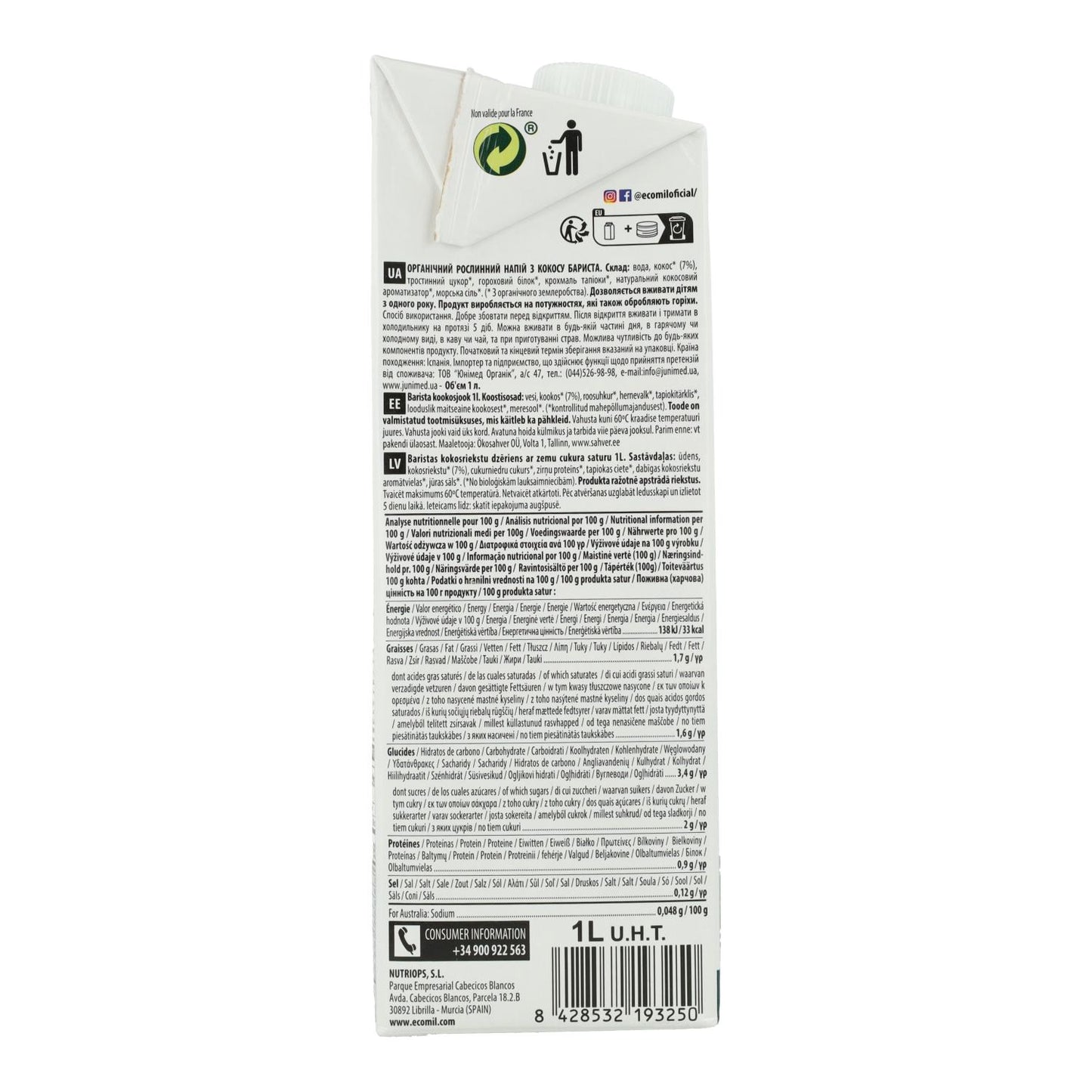 6er-Pack Bio-Kokosnuss-Getränk Barista BIO EcoMil 1 l