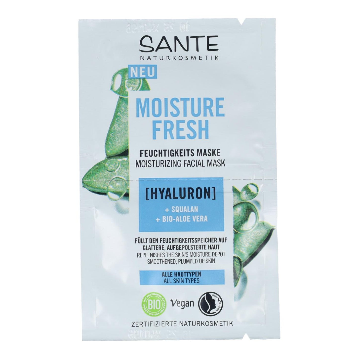 Masque hydratant frais à l'acide hyaluronique et à l'aloès, Sante 2 x 4 ml