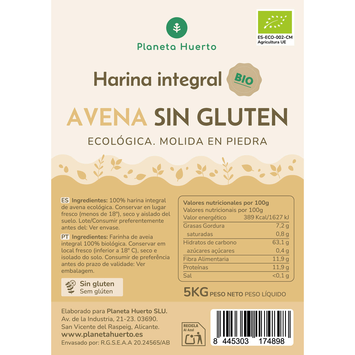 Farina d'avena integrale senza glutine Eco Planeta Huerto 5 Kg