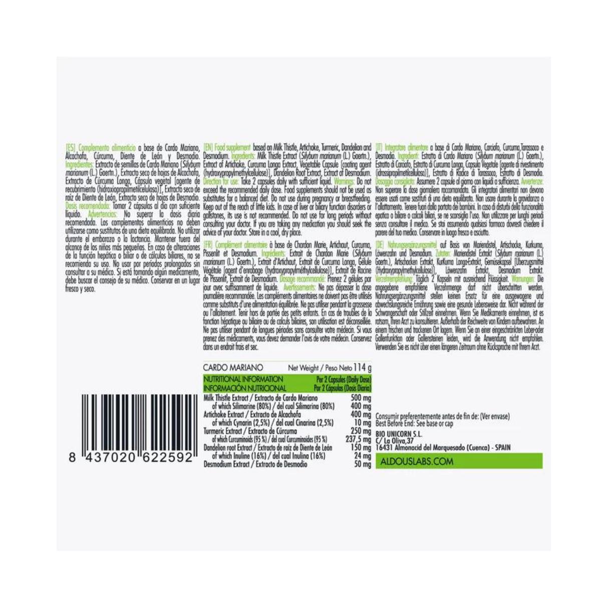 Cardo mariano con carciofo, curcuma, tarassaco e desmodium 150 capsule. Aldous Labs