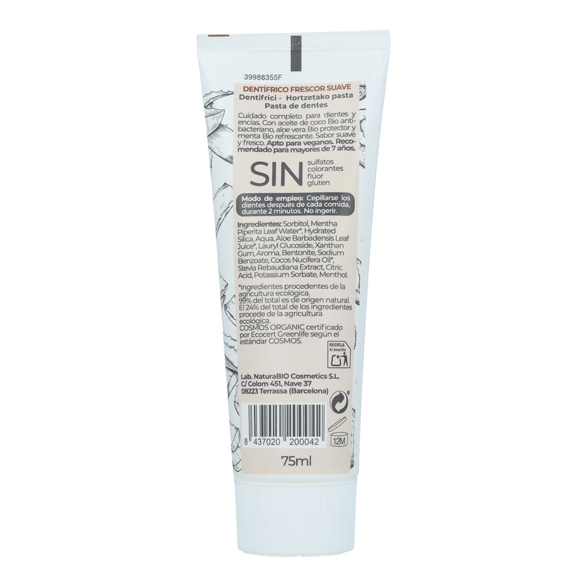 Dentifricio freschezza delicata Aloe Vera e Cocco Bio NaturaBio 75 ml