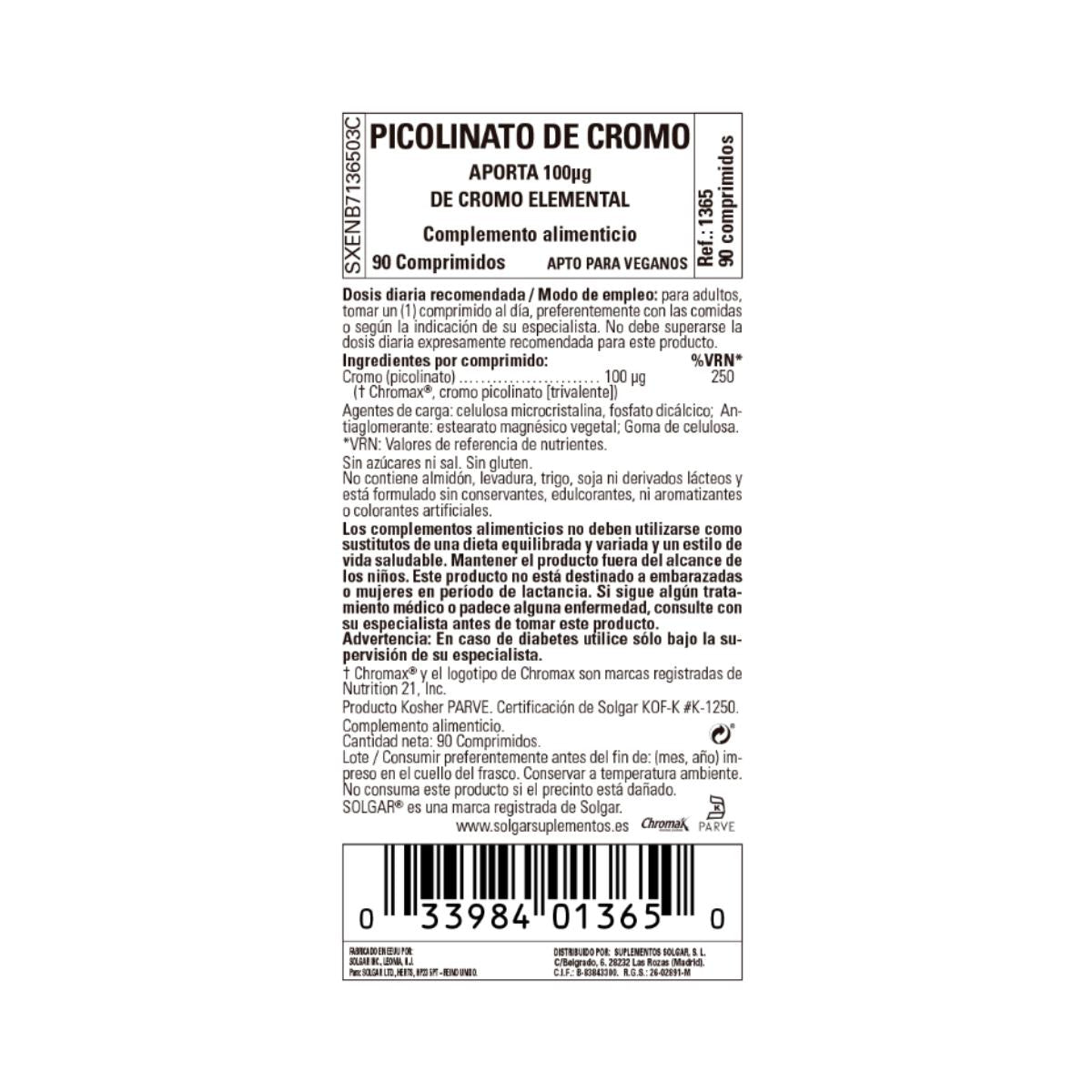 Picolinate de chrome sans levure 90 gélules Solgar