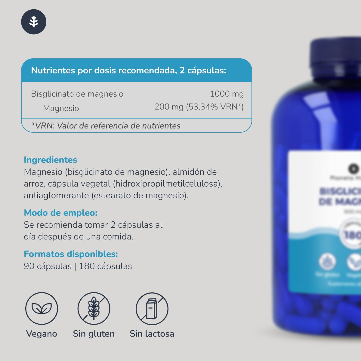 Förpackning 2xMagnesiumbisglycinat 500 mg Planeta Huerto 180 kapslar