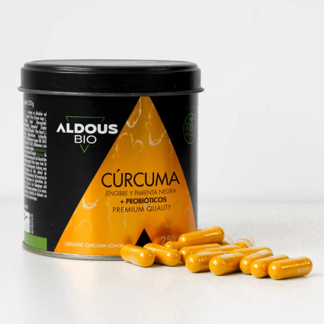 Ekologisk gurkmeja med ingefära, svartpeppar och probiotika, 250 kapslar. Aldous Bio