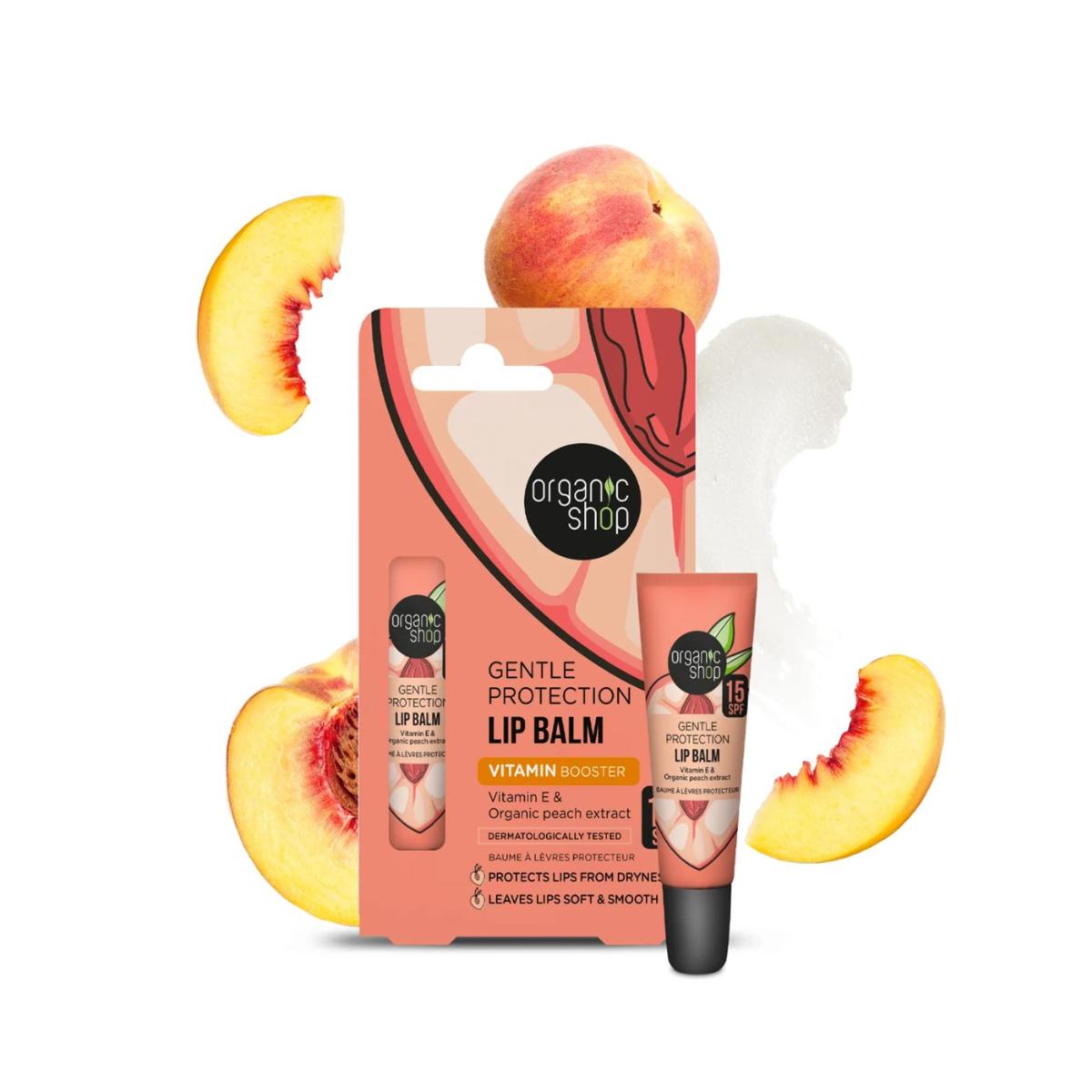 Läppbalsam med mild skyddsfaktor 15, vitamin E och persikoextrakt, Organic Shop 10 ml