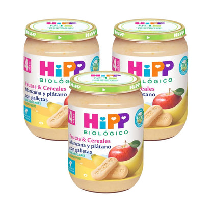 3-pack ekologisk äpple- och banankräm med kex +4 månader HiPP 190 g