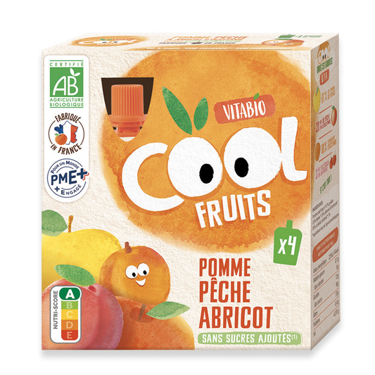 Zakje biologische appel, perzik en abrikoos Cool Fruit Vitabio 4 stuks 90 g