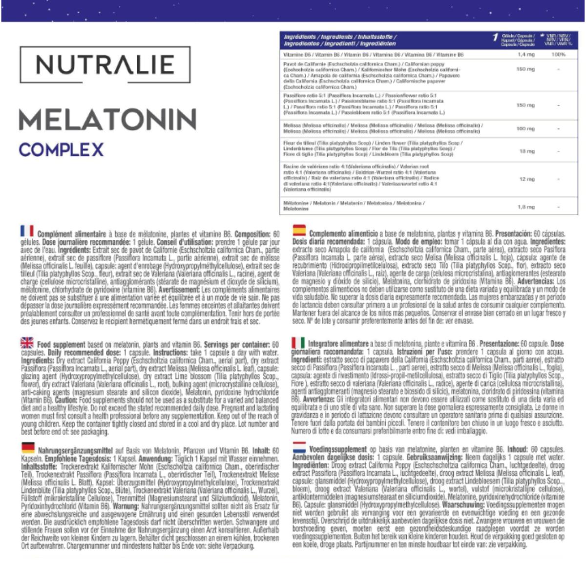 Melatonin mit Passionsblume + Baldrianwurzel + B6 Nutralie 60 Kapseln