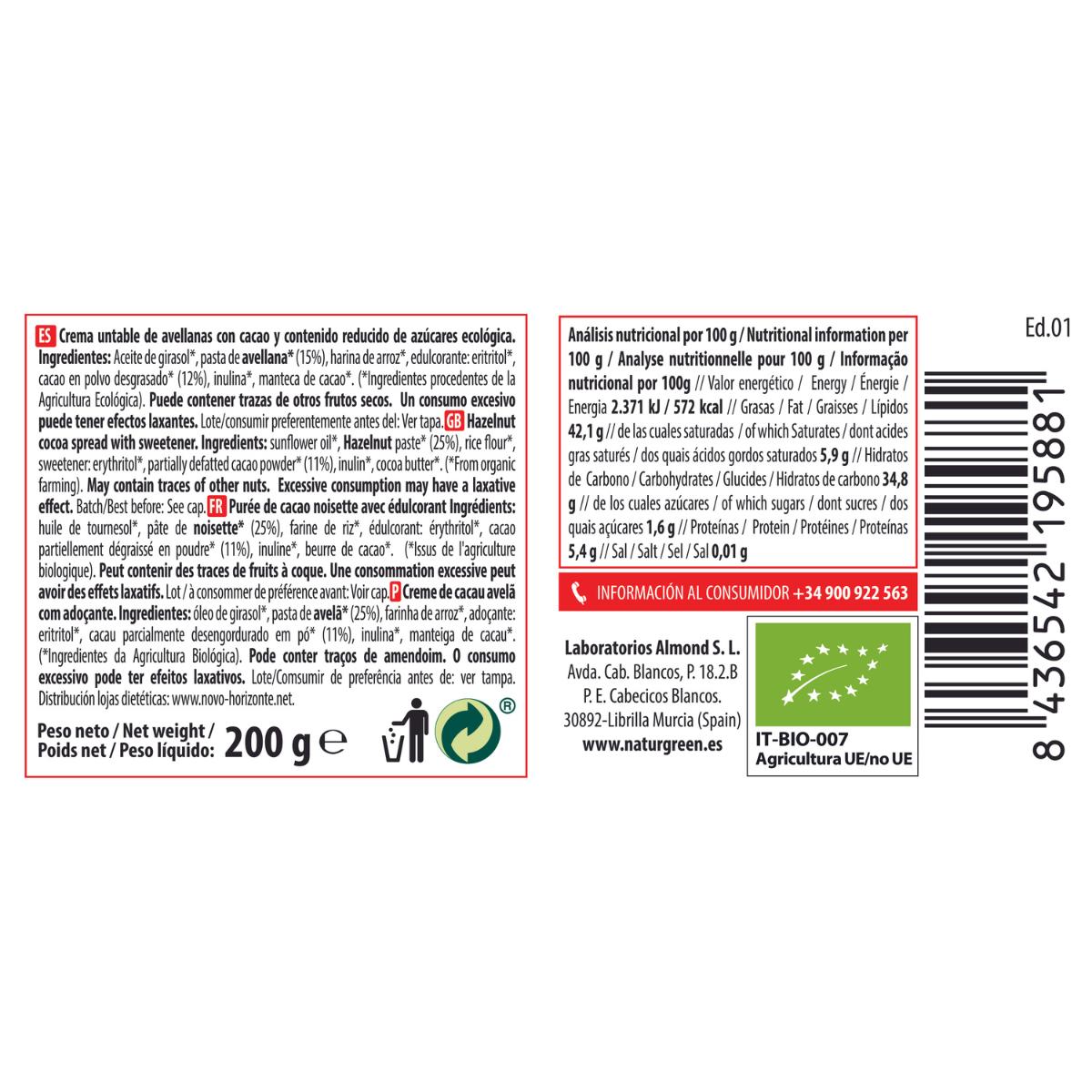 Haselnuss-Kakao-Creme mit reduziertem Zuckergehalt von Naturgreen 200 g
