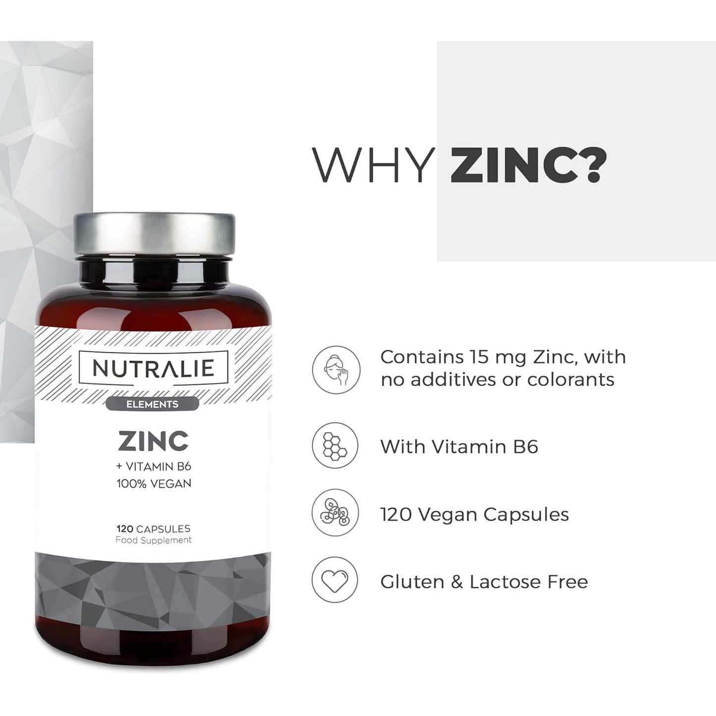 Nutralie Zinc avec vitamine B6 Acné Peau Cheveux Végétalien 120 gélules