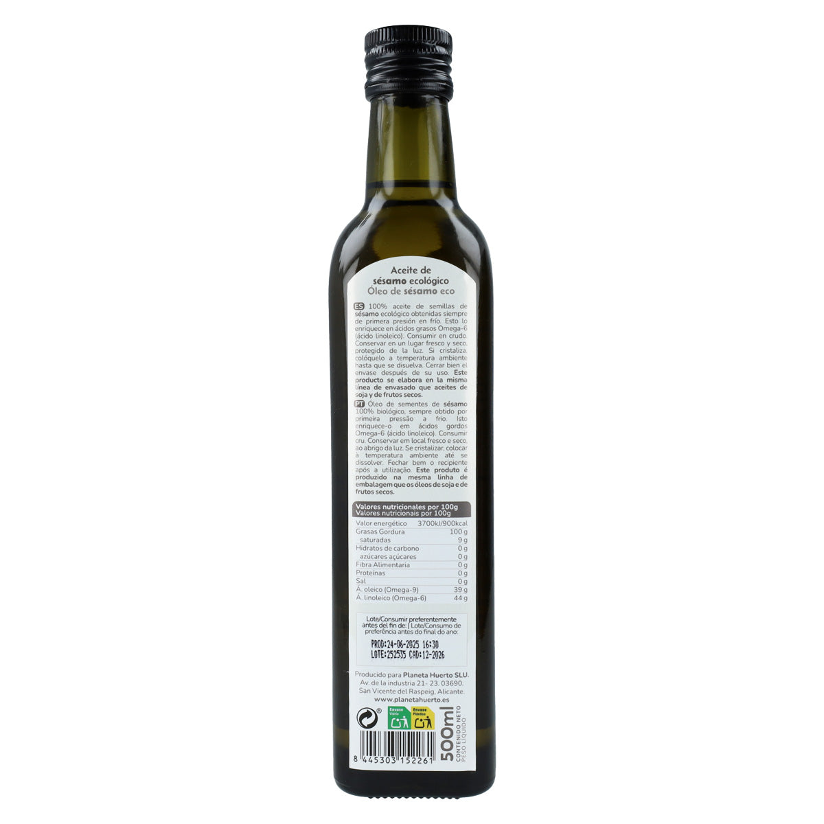 Confezione da 2 oli di sesamo spremuto a freddo ECO Planeta Huerto 500 ml