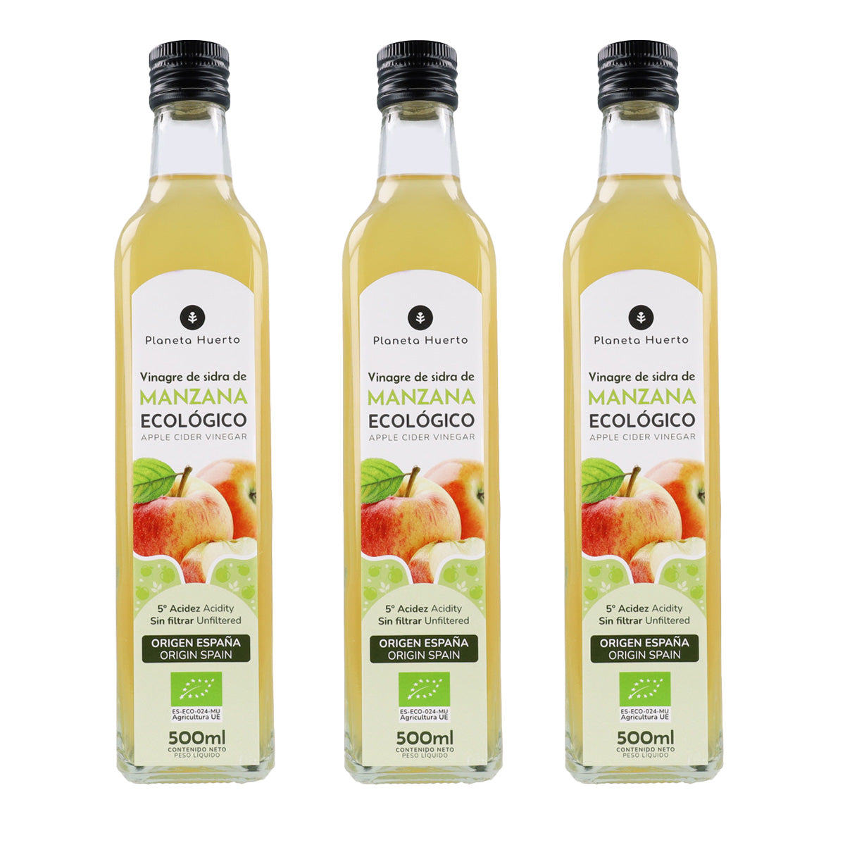 Pakket 3x ongefilterde appelazijn ECO Planeta Huerto 500 ml