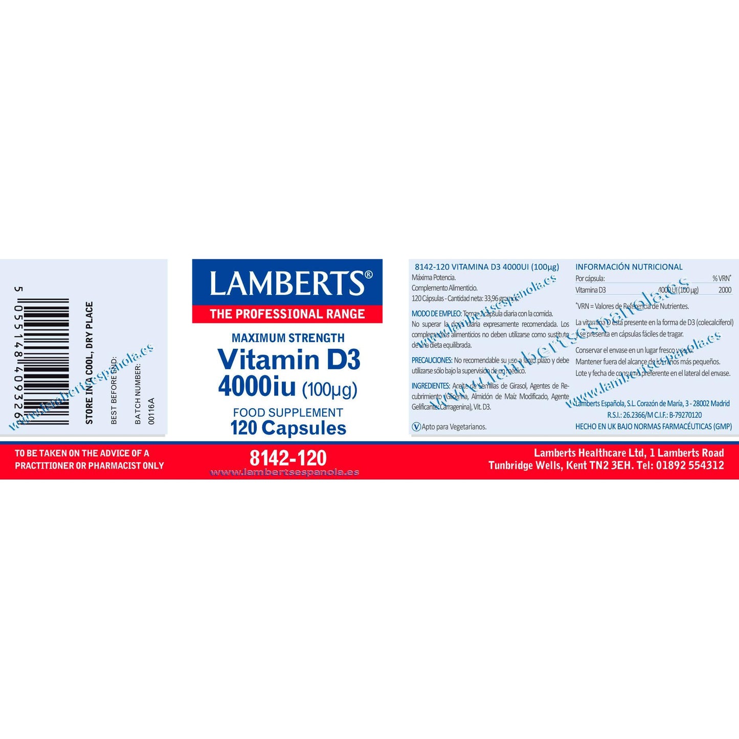Vitamine D3 4000 UI (100 µg) Lamberts, 120 gélules