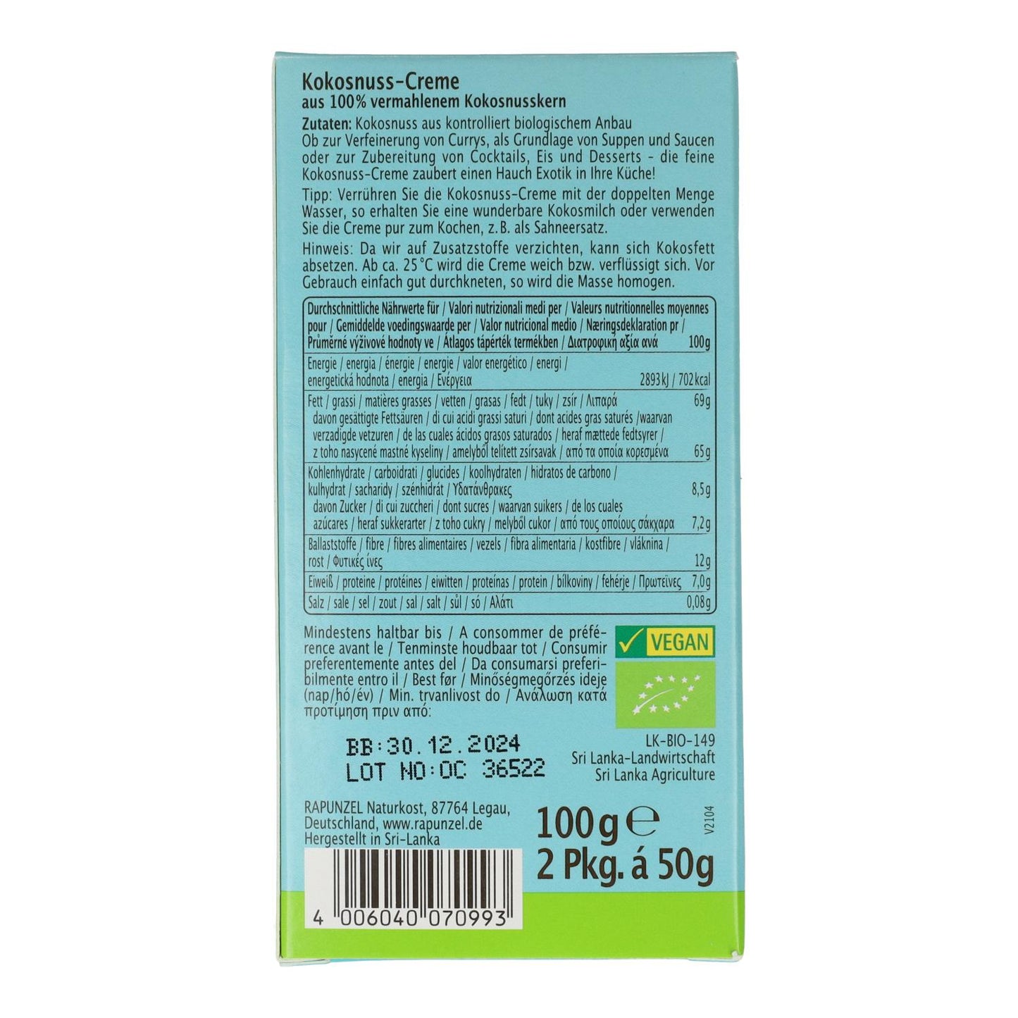 Kokoskräm Rapunzel, 2 x 50 g