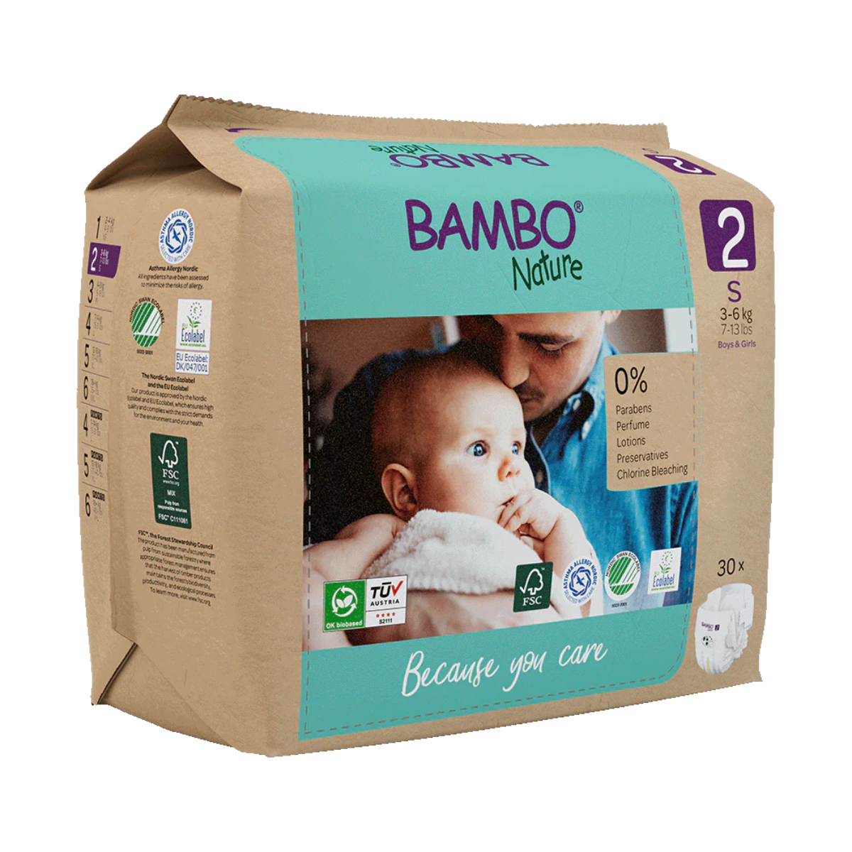 Pack of 6 x Bambo Nature nappies T2 (3-6kg) 30 units