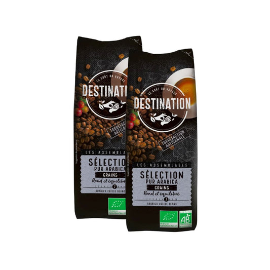 Pack 2 x Café en grains sélection 100 % Arabica Bio Destination 1 kg
