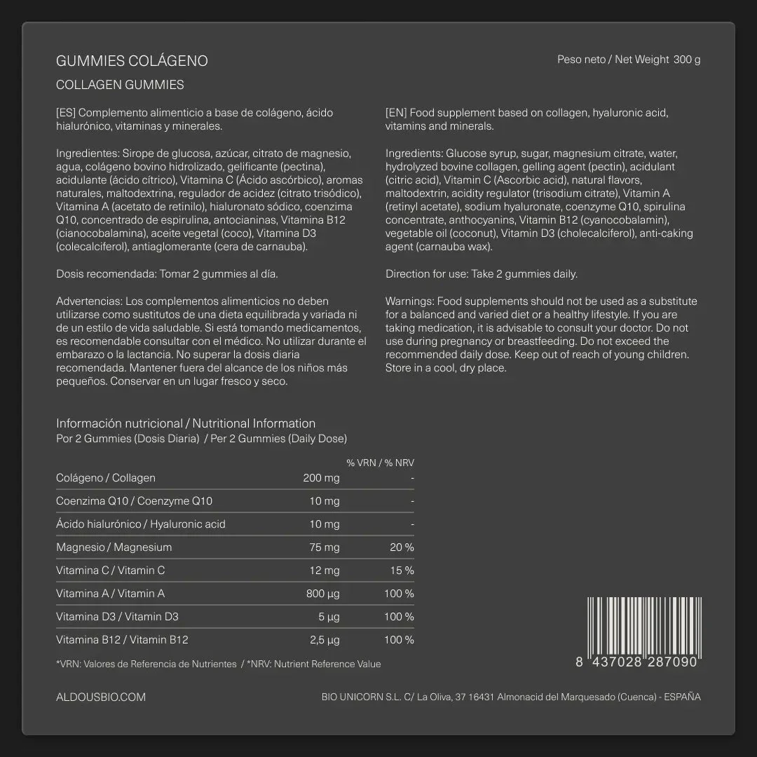 Hydrolysiertes Kollagen mit Hyaluronsäure, Coenzym Q10, Zink und Vitaminen Aldous Bio 120 Kapseln