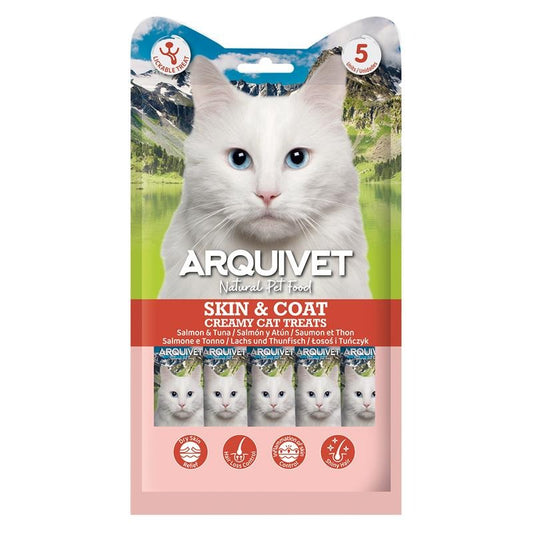 Creamy Cat Treats Snack crémeux fonctionnel Skin & Coat Saumon et Thon Arquivet 5x14 g
