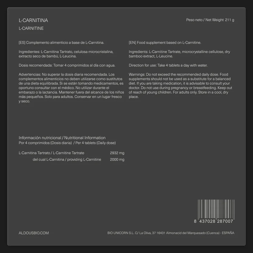 L Carnitina 2000 mg Aldous Bio 200 compresse