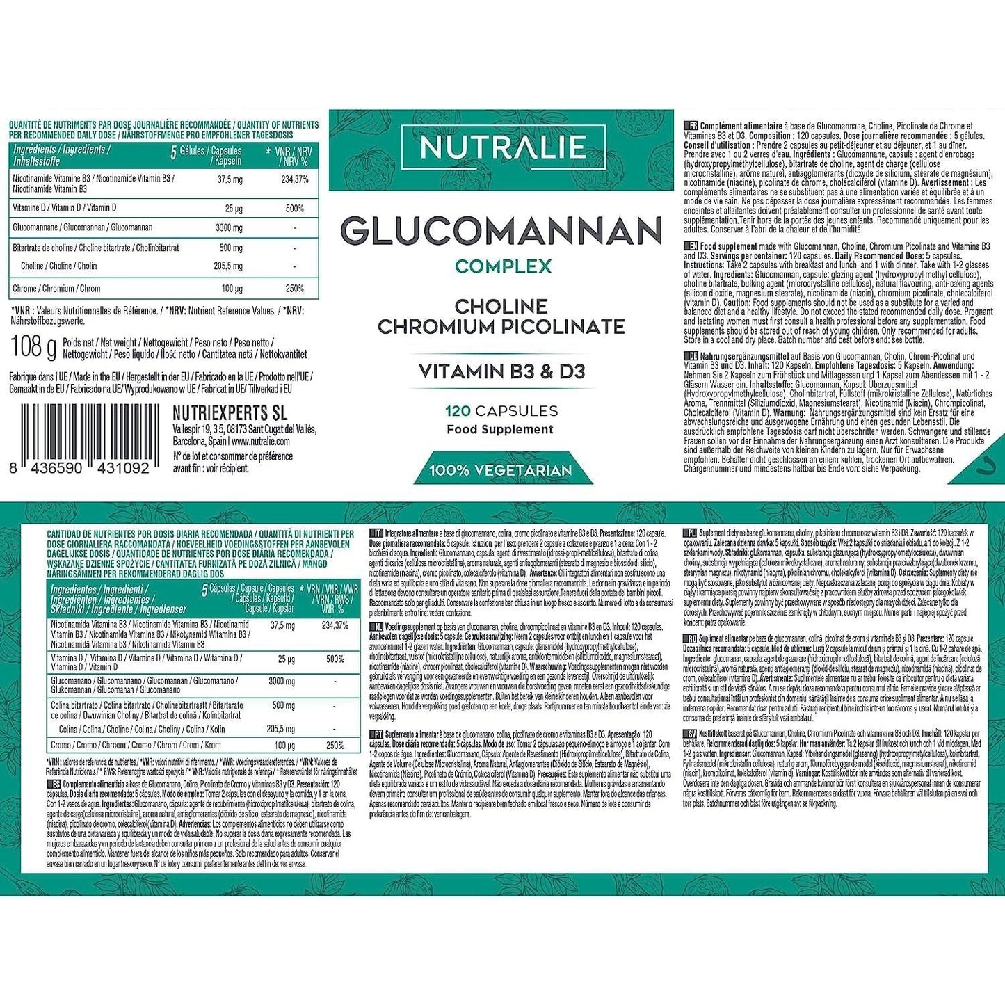Nutralie Glucomannane avec choline + B3 + D3 Perte de poids 120 gélules